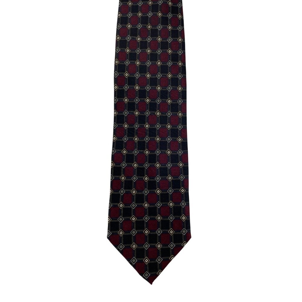 Kilburne & Finch Red & Black Geometric Print 100% Silk Mens Tie Necktie - Picture 2 of 6